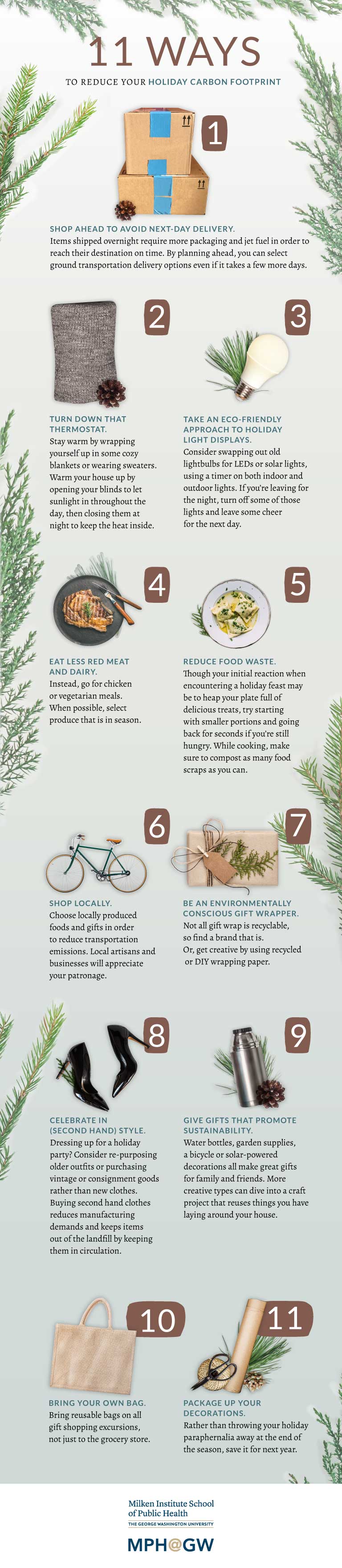 Infographic showing 11 ways to reduce your holiday carbon footprint.